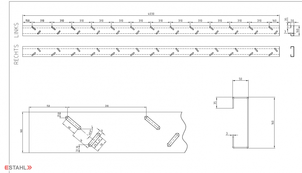 Linke Treppenwange, Länge 4030 mm für Lochblechstufen
